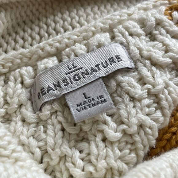 LL BEAN Cotton Funnel Neck Cable Knit Color Block Knit Sweater Size Large - Picture 5 of 6